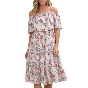 Romeo &Juliet Couture Floral Off Shoulder Midi Dress S Boho Ruffle Tiered Pink